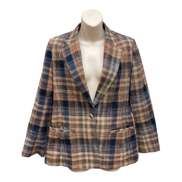Jantzen Jackets & Blazers - Vintage Jantzen Tan Blue Plaid  Tweed Blazer Sz 12 Lined Classic Preppy Academia
